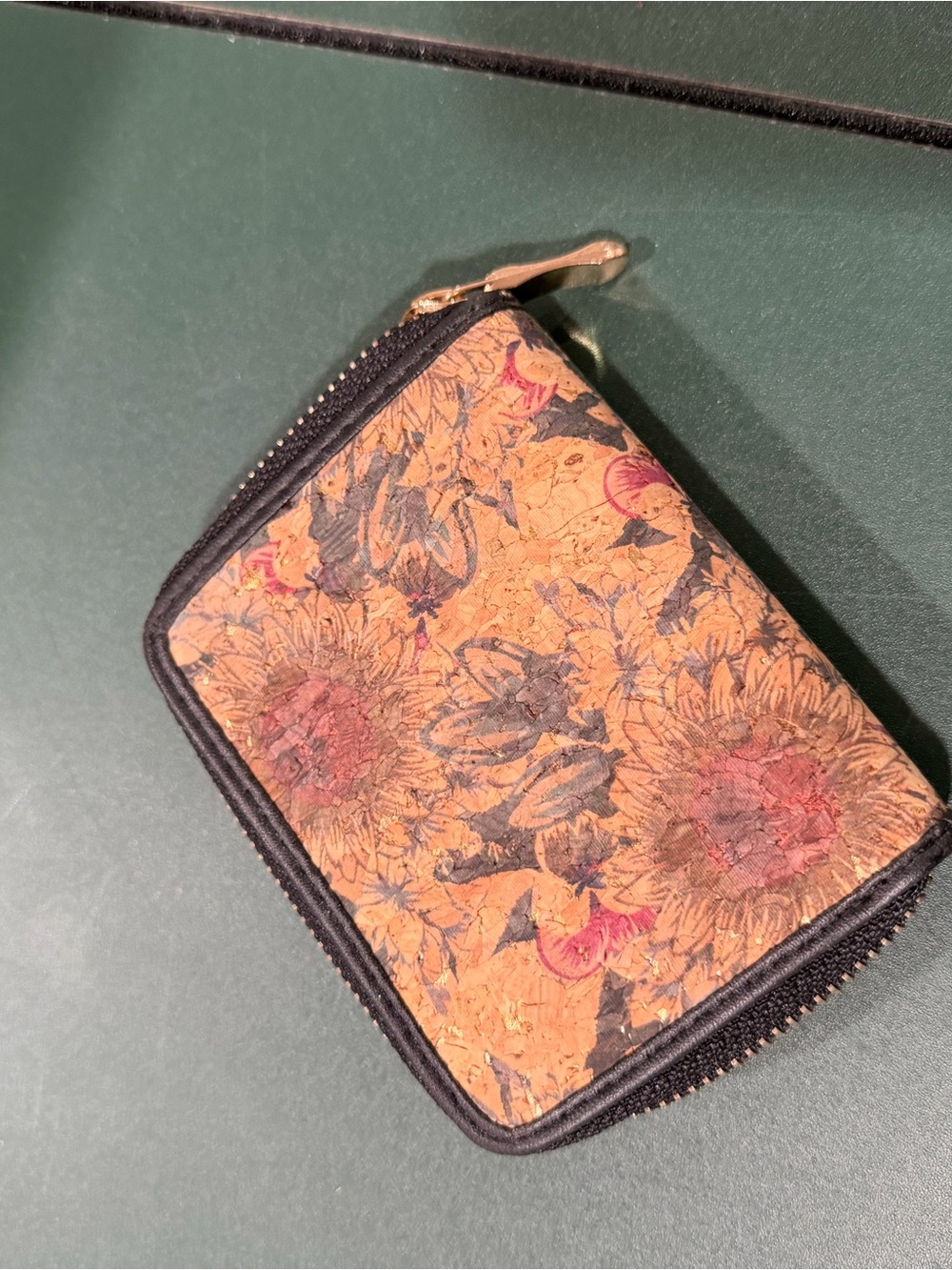 Floral Cork Zip Wallet - Brown and Pink